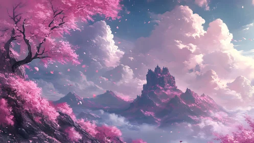Dreamlike sakura mountains cradle a distant fantasy citadel
