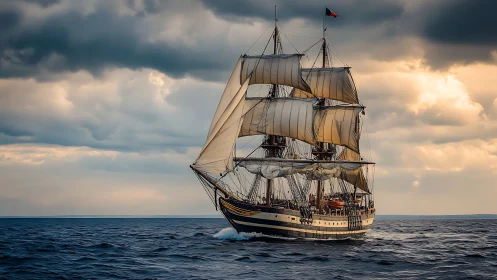 Tall square-rigged sailing ship on open sea under clouds.