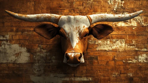 Longhorn guardian leans from weathered brick and claims space
