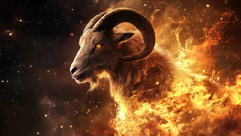 Fiery cosmic ram emerging through blazing golden flames.