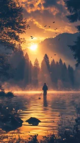 Solitary fisherman in glowing misty lake at sunrise.