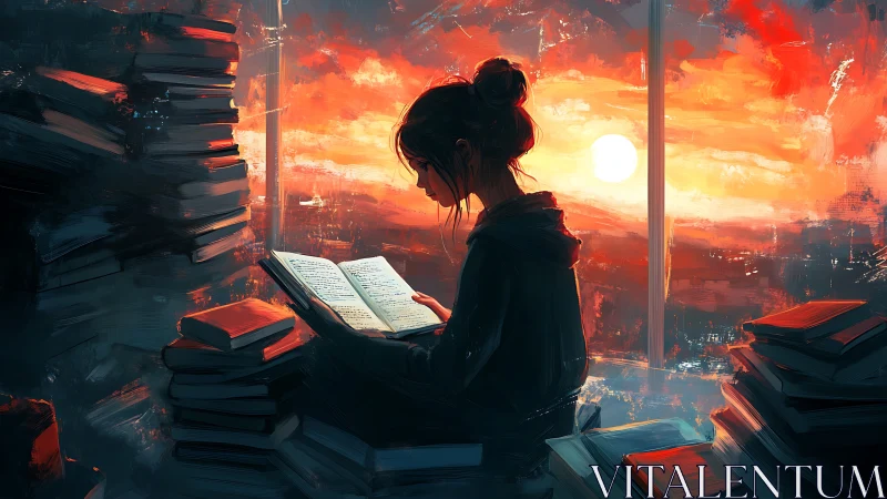 Sunset reader adrift in a sea of softly burning books.