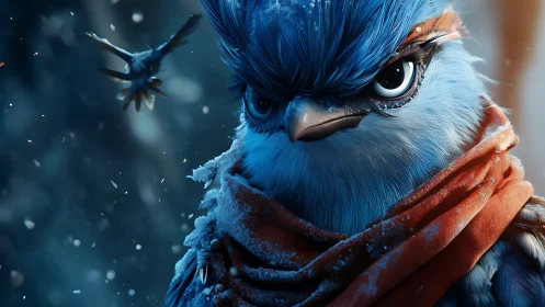 Fierce Bluebird in Snowy Scarf, Cinematic Winter Fantasy Art.