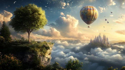 Elevated fantasy landscape with hot air balloon above cloud sea