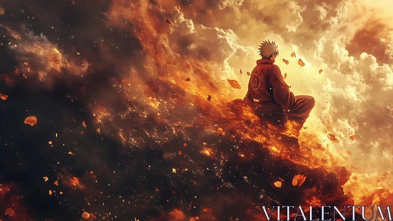 Solitary anime warrior sits amid swirling fiery clouds.