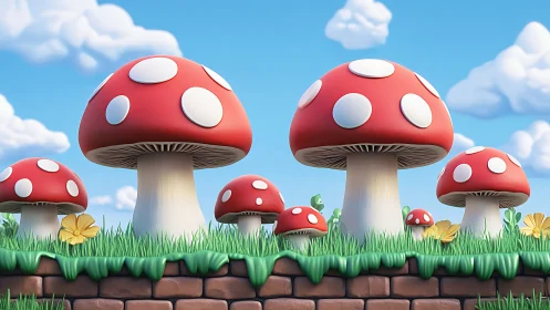 Cheerful spotted mushrooms in a sunny storybook meadow.