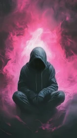 Hooded figure resting in a calm glow of swirling pink light.