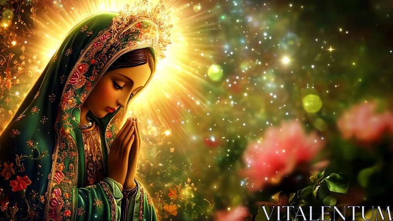 Radiant praying Madonna under golden celestial light