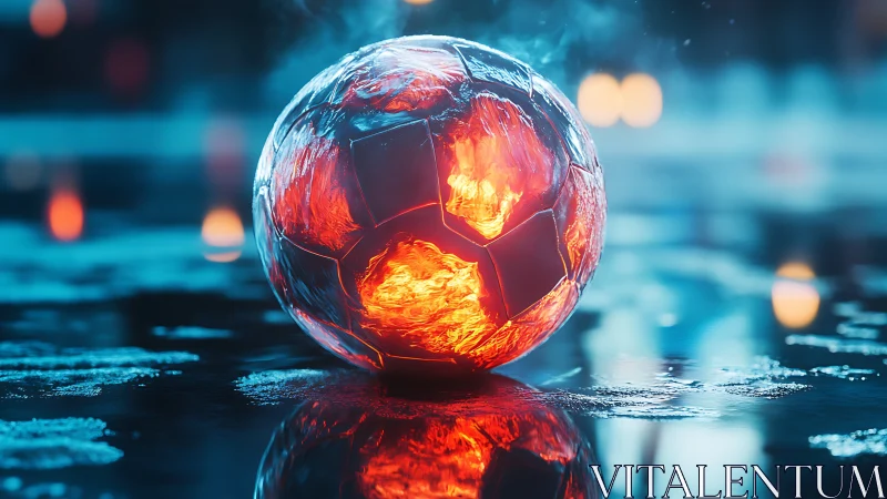 Molten soccer ball on wet neon ground with cinematic glow.