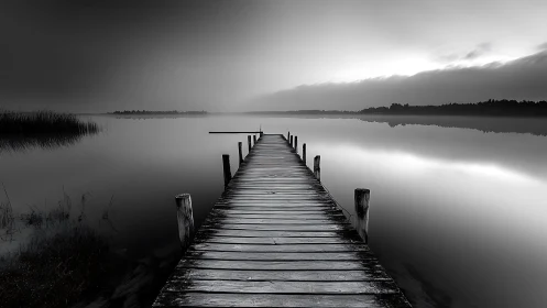 Wooden pier stretching into calm misty lake at dawn.