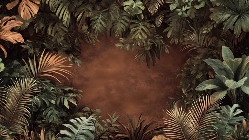 Tropical foliage frame encircling textured terracotta backdrop