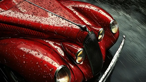 Crimson classic coupe glistening in a soft silver rain.