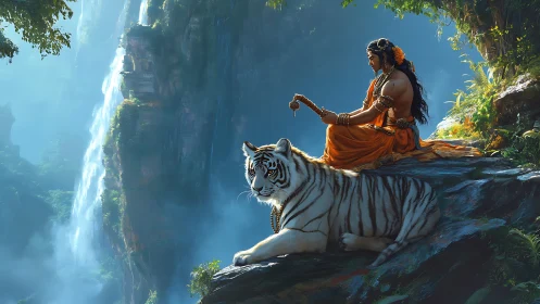 Meditating robed figure sits with white tiger above waterfall