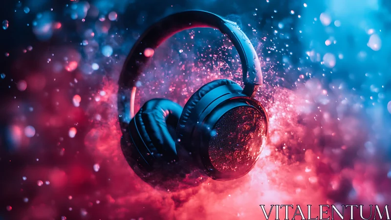 Glowing wireless headphones in neon red and blue vapor.