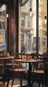 Quiet urban caf&eacute; interior with wooden tables and chairs.