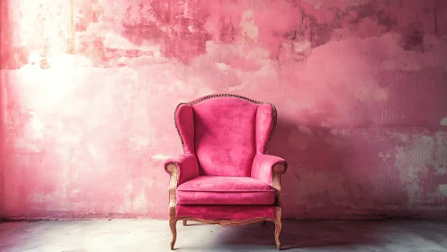 Pink upholstered armchair against textured pink wall background.