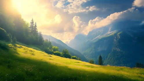Golden mountain meadow glows softly under dramatic evening light
