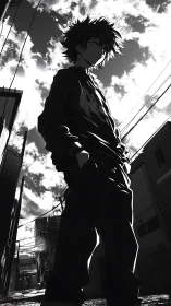 Moody anime boy standing in alley under bright sky.