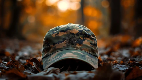 Camo cap resting softly in warm autumn forest light.