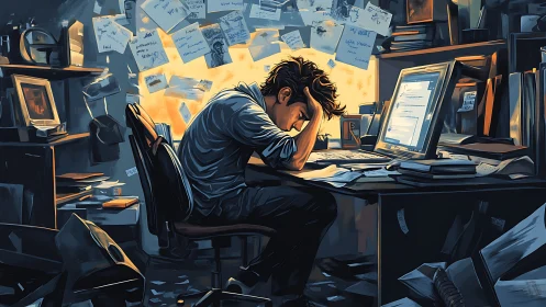 Overworked programmer in cluttered office, digital dusk glow.