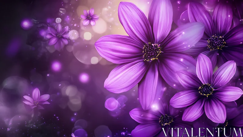 Purple Cosmos Flowers With Luminous Particles