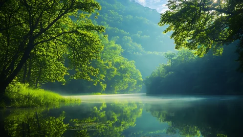 Mistlit forest river mirroring lush green valley slopes.