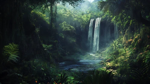 Waterfall Cascades Through Lush Rainforest Sanctuary.