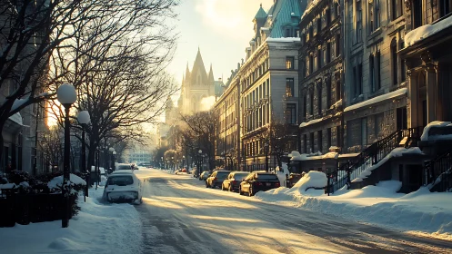 Winter sunrise illuminates historic snow-covered city street