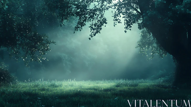 Enchanted forest clearing with volumetric light diffusion through layered foliage canopy