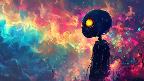 Surreal skull figure against vivid abstract nebula sky.