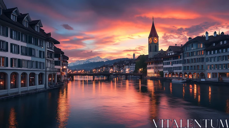 Riverside European town with clocktower at dusk under clouds.