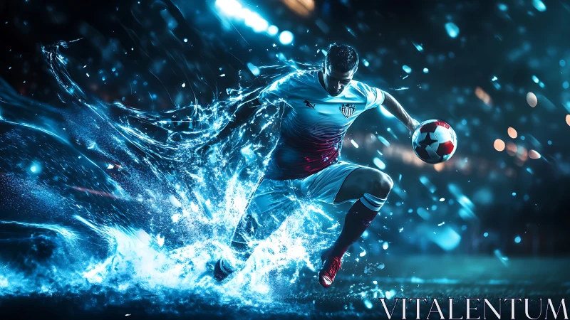 Soccer player drives ball through explosive water burst