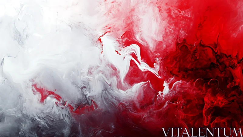 Crimson and white ink clouds swirl in a dramatic abstract field