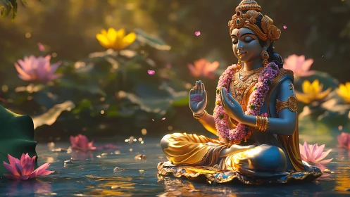 Golden lotus deity meditating in radiant water garden.