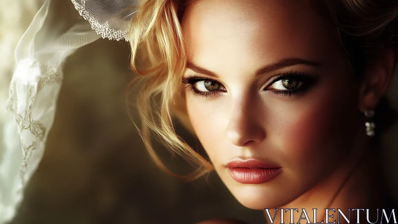 Luminous bridal portrait with soft bokeh and vivid gaze.