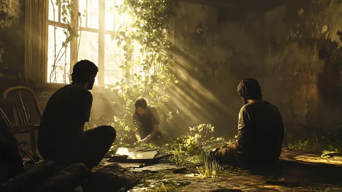 Post-collapse interior trinity under volumetric sunlight shafts.