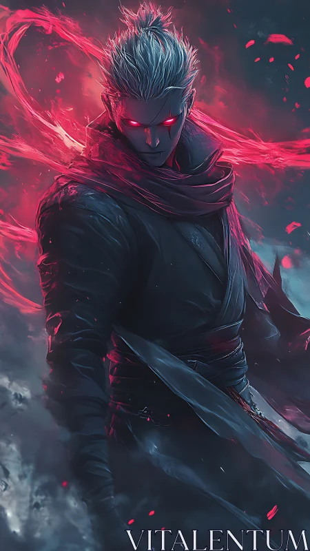 Crimson-eyed shadow warrior strides through swirling embers