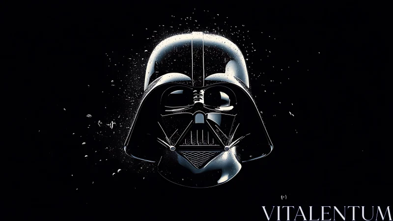 Dark sci fi helmet floats in deep space with stark highlights