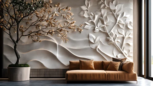 Wall relief with branching foliage behind linear sofa
