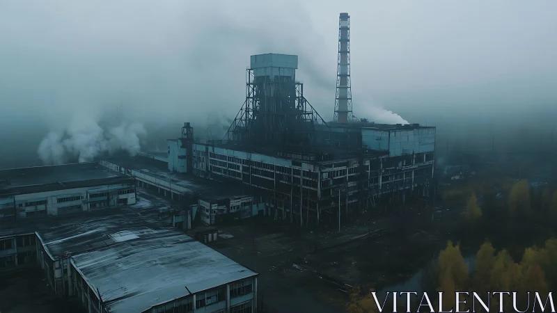 Fog-shrouded derelict industrial complex with cooling towers.