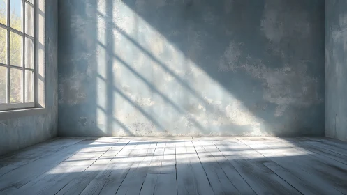 Sunlit empty studio with distressed blue plaster walls.