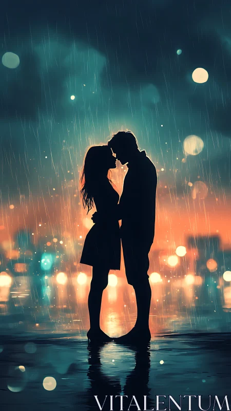 Silhouetted kiss amid rain, neon lights glow behind.