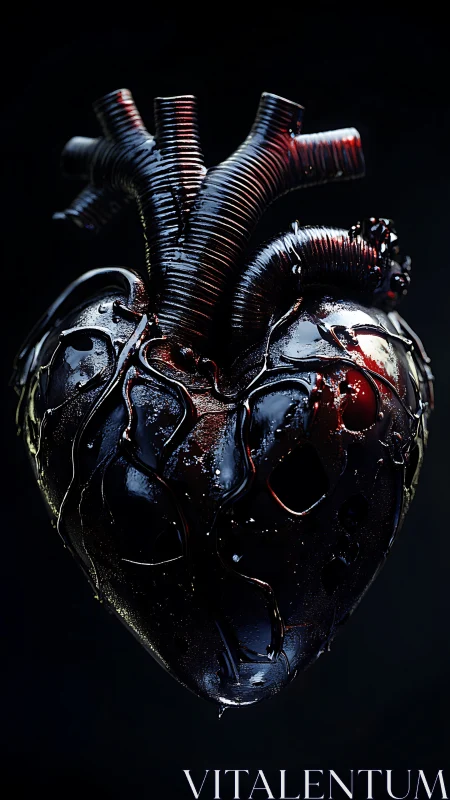 Cybernetic black heart sculpture with glossy tubing detail.