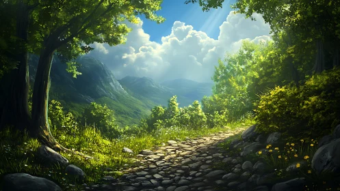 Forest Path Through Mountain Valley with Dramatic Sky.