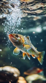 Brown trout ascends through sparkling underwater bubbles.