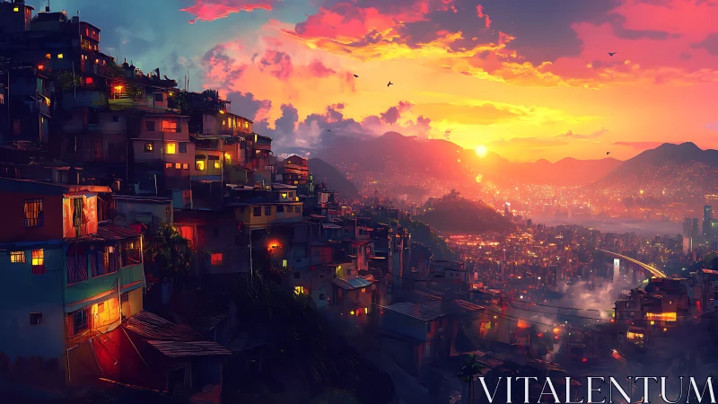 Sunset pours neon fire over hillside shanty lights