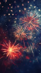 Firework bursts and star shapes occupy a dark night sky