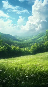 Sunlit meadow unfolds toward distant emerald valleys.