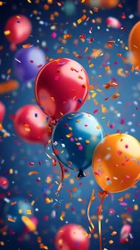Vibrant Balloons Burst with Confetti Against Dynamic Blue Gradient.