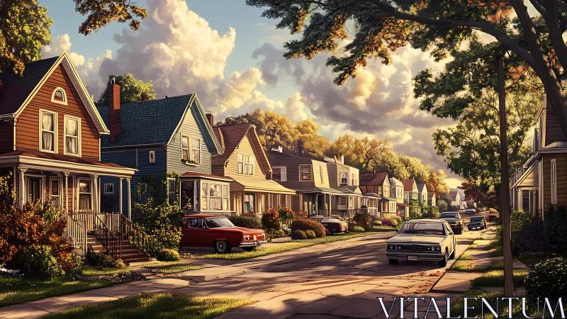 Quiet suburban street with vintage cars and evening light.